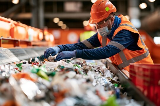 Male worker in orange safety vest and hard hat sorts recyclable waste at industrial facility, wearing gloves and mask, with piles of materials visible in the background