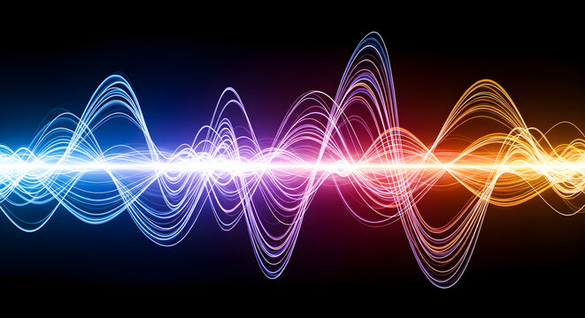 Colorful glowing sound waves forming a rhythmic abstract spectrum on dark background for audio technology music production digital media and science