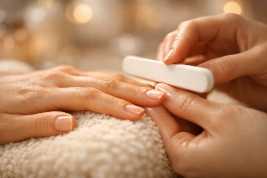 Manicure close-up, nail care salon treatment, hands with white buffer in warm light