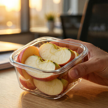 Female hand with fresh apple wedges in clear container, warm golden hour light, amber blurred office background