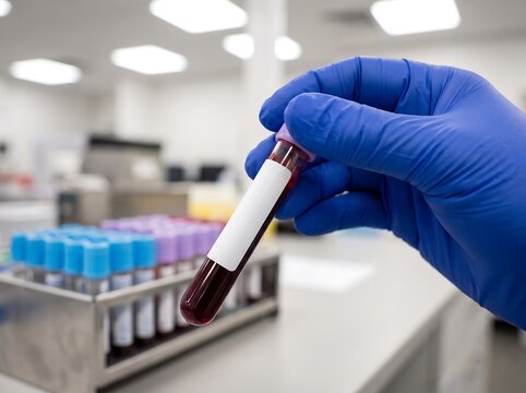 Gloved hand holding blood sample tube for measles diagnosis in lab