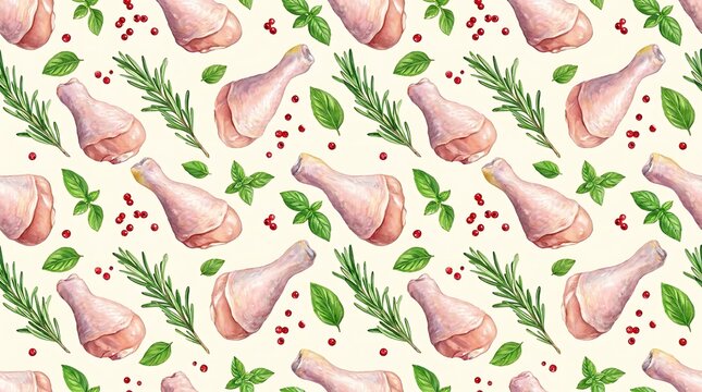 Seamless pattern with raw chicken drumsticks fresh rosemary leaves and colorful peppercorns for food design background