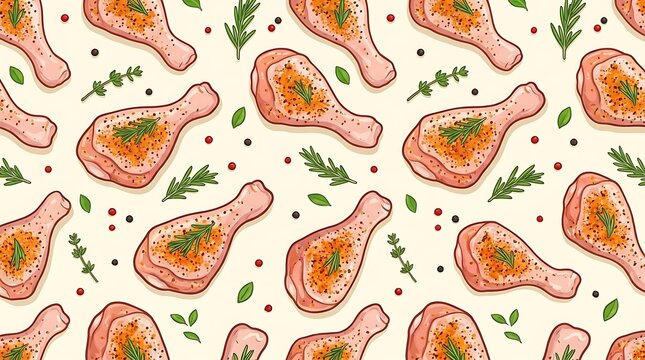 Seamless pattern of tasty roasted chicken drumsticks with fresh green herbs and colorful spices for food design