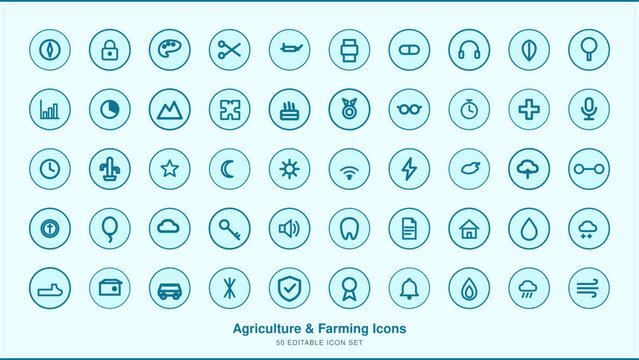 Agriculture and farming 50 editable set, collection of various symbols in blue circular frames for web and app interface