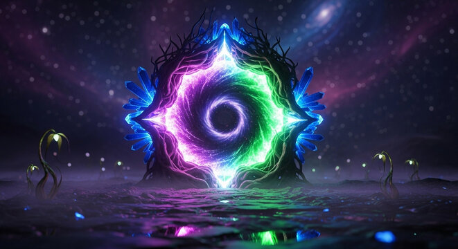 A glowing mystical portal stands in a dark alien landscape under a starry night sky, radiating vibrant magical energy with swirling neon colors that illuminate the strange terrain surrounding it