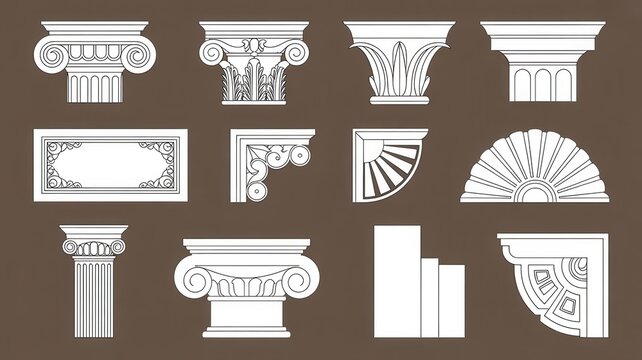 Classical architectural column capitals and ornaments collection on brown background