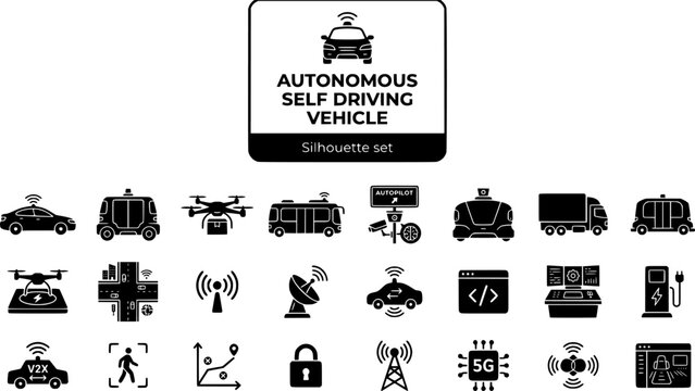 Autonomous Self Driving Vehicle Technology Silhouette Set Black White Future Bundle Vector Illustration	