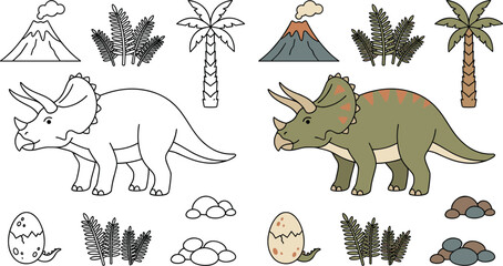 Cute cartoon triceratops dinosaur coloring book and color illustration set with prehistoric volcano egg and palm tree elements © Marufa