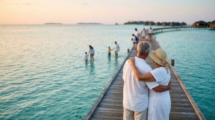 Fototapeta premium Romantic couple sharing a warm embrace on a scenic pier during sunset with families having fun in the water behind them
