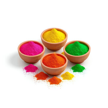 Colorful Holi Powder in Traditional Bowls Isolated on White Background