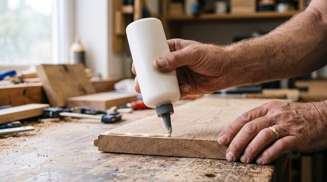 Close up of artisan hands applying wood glue to a timber board in a professional carpentry workshop