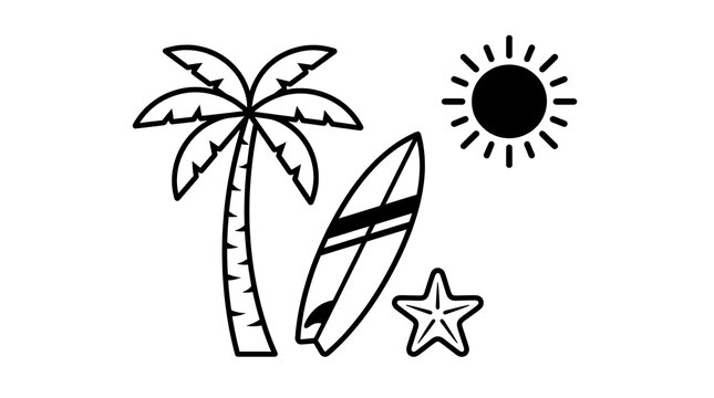 Simple beach vacation icon with palm tree and surfboard