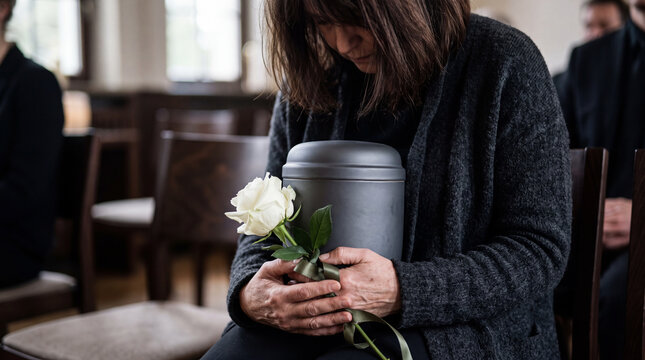 Grieving woman holding funeral urn with white rose for cremation and remembrance concept
