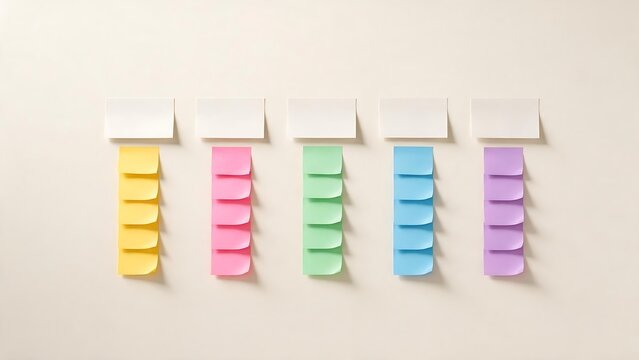 On the white wall, rows of brightly colored sticky notes were arranged. Each row had a larger white note taped on top, representing different groups or categories.