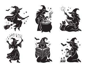Fototapeta premium Witch Silhouette Set with Cauldron, Broom, and Magic Book.