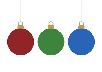 Obraz premium Tres esferas navideñas colgantes lisas de colores primarios