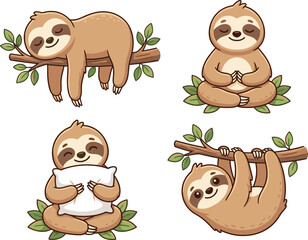 Naklejka premium Cute Sloth Vector Set Featuring Meditating Sleeping Hanging on Tree Branch and Holding Pillow Poses for Relaxing Animal Graphic Designs