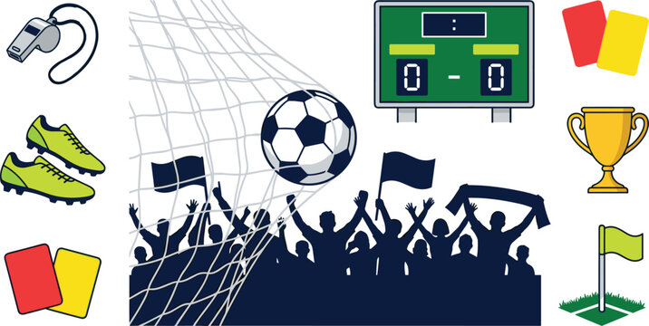 Soccer football match matchday element set with ball hitting goal net cheering crowds scoreboard and golden trophy cup, vector illustration.