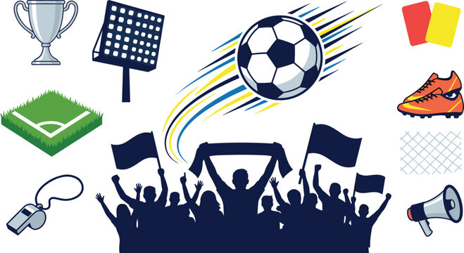 Soccer football match matchday element set with flying ball cheer crowds trophy boots cards and field, flat vector illustration.