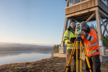 Naklejka premium Surveyors using theodolite on construction site