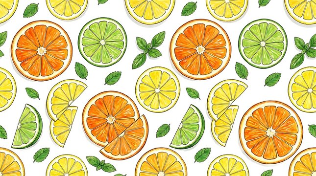 Seamless pattern with colorful fresh orange lime and lemon fruit slices and green leaves in a flat hand drawn style