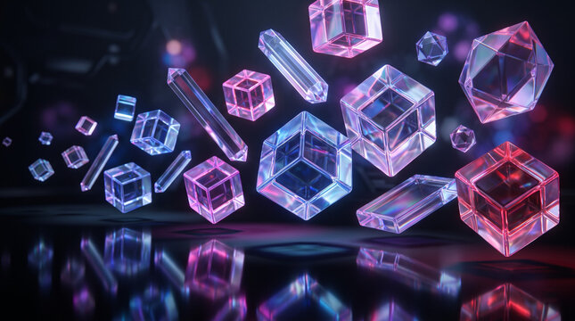 Futuristic glowing neon glass cubes and geometric crystals floating dynamically across a dark reflective surface background scene