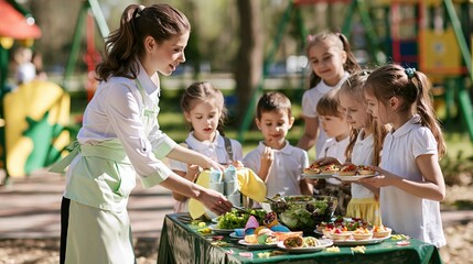 Fototapeta premium Teacher serving food to children at outdoor picnic table
