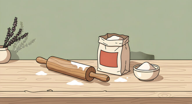 Rustic baking still life with rolling pin flour jar and bowl on wooden table for culinary branding bakery packaging recipe cards and food designs