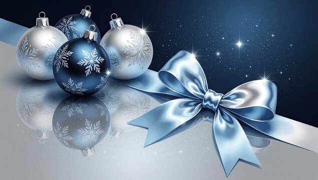 Blue Christmas baubles with snowflake patterns and elegant ribbon bow on starry background, festive holiday decoration illustration for greeting card