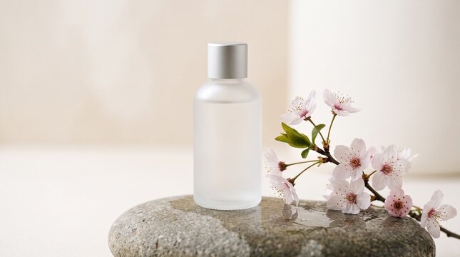 Frosted Glass Cosmetic Bottle with Cherry Blossom on Stone