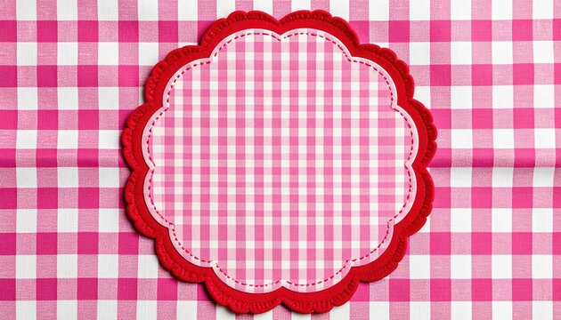 pink gingham checkered fabric label with solid red scalloped border, playful vintage textile branding