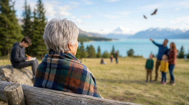 Peaceful family reunion outdoors featuring a grandmother appreciating the beautiful landscape by the lake