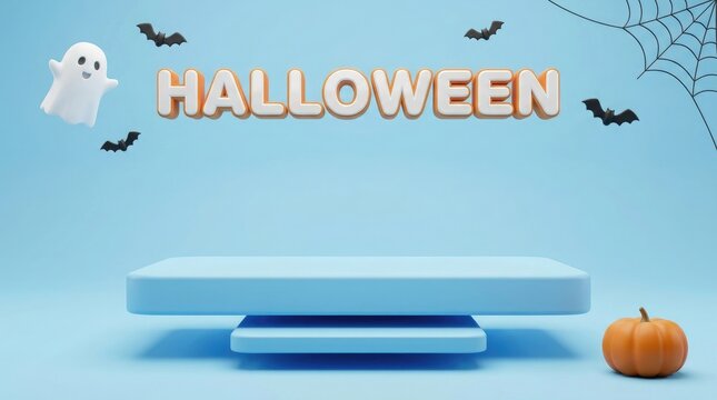 A festive happy halloween display featuring a blue product podium with a cute ghost bats and a small orange pumpkin