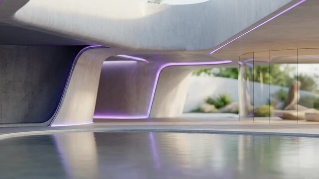 Futuristic luxury interior with modern architecture glowing neon lights and indoor swimming pool