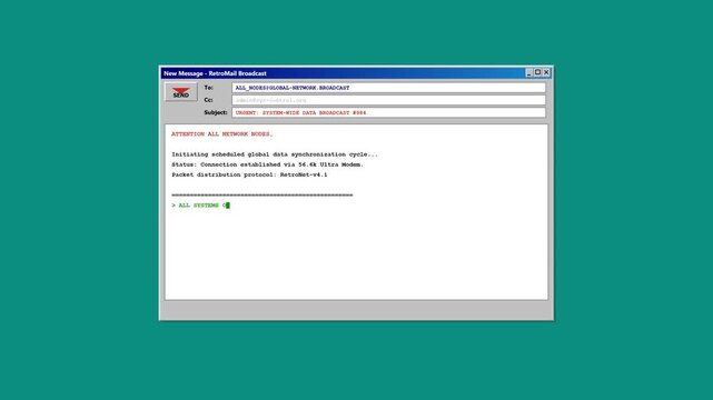 Vintage retro computer email client window with system error message interface on teal background illustration