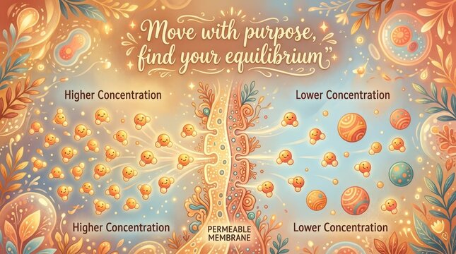 Illustrating the concept of diffusion and equilibrium across a permeable membrane with cute, smiling molecules and decorative floral elements