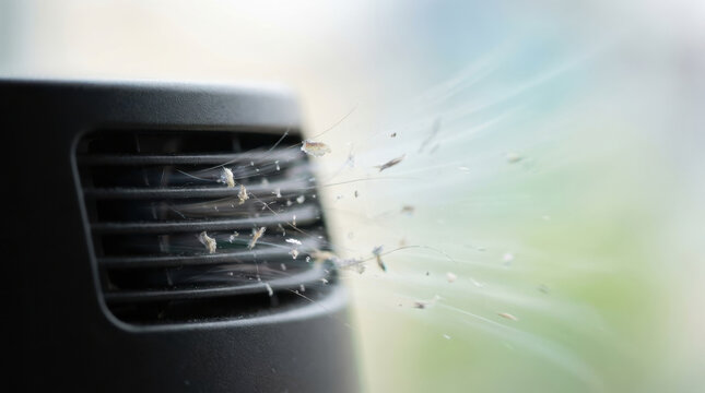 Pet dander and dust particles blowing out of black air vent, illustrating indoor air pollution and allergens