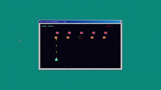 Vintage Pixel Art Space Shooter Video Game Displaying Retro Arcade Aesthetics Inside A Computer Window Interface