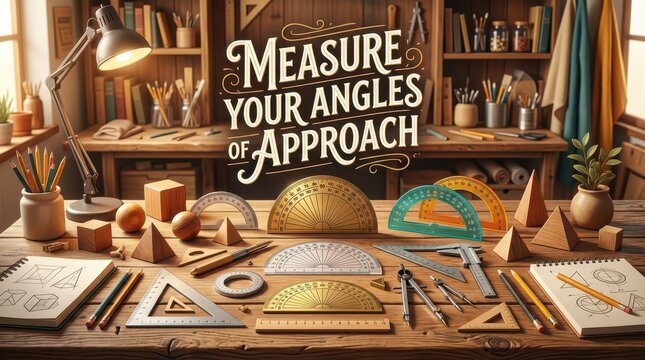 Geometric Tools and Mathematical Instruments on a Wooden Desk, Inspiring Learning and Precision