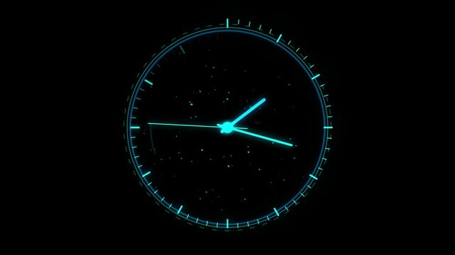 Glowing neon blue digital clock face with futuristic circular interface design