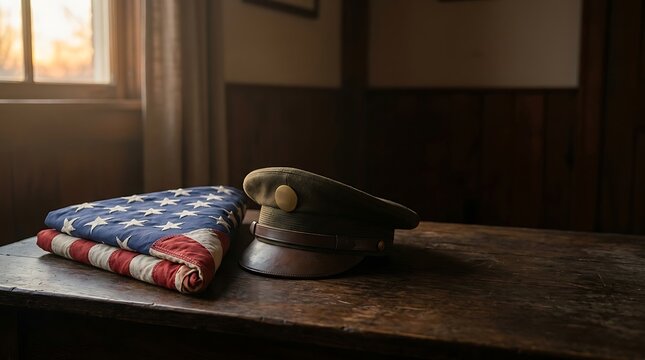 Folded American flag and military service cap resting on a rustic wooden table.