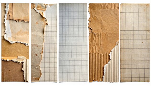 set of five layered collage paper scraps, corrugated cardboard, graph paper and handmade paper pieces, torn edges, realistic stationery textures