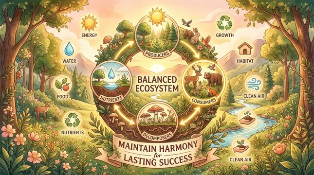 Illustration of a balanced ecosystem cycle showing producers, consumers, decomposers and environmental elements like water, energy, air and nutrients