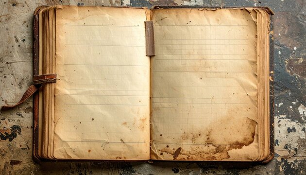 open blank vintage pocket notebook with stained pages and tape tab, aged paper texture, nostalgic diary aesthetic