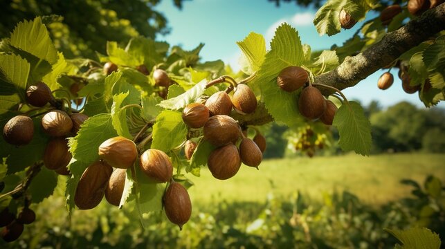 A photo of a hazelnut tree with nuts
