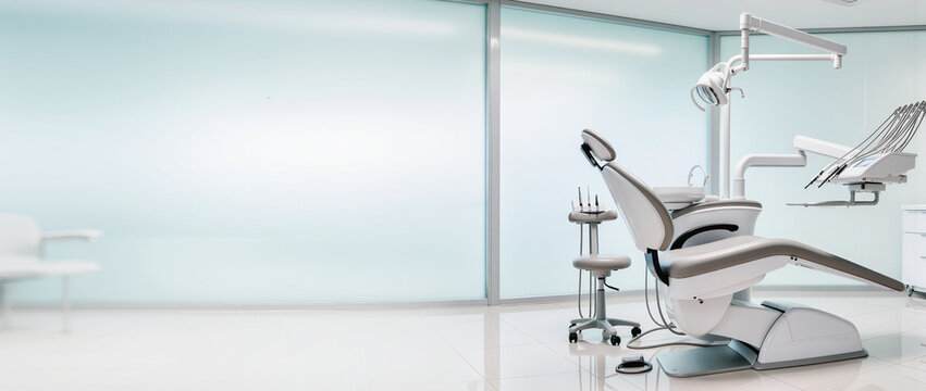 Modern dental clinic interior with professional chair. Empty medical office for dentistry