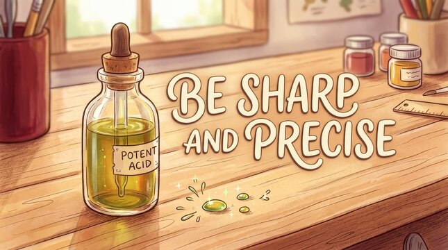 Illustration of a bottle labeled 'Potent Acid' with drops spilled, next to jars, a ruler, and art supplies, with the text 'Be Sharp And Precise' sugge