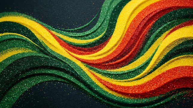 Abstract flowing waves of red yellow and green paint with glossy texture and water droplets on a dark black background