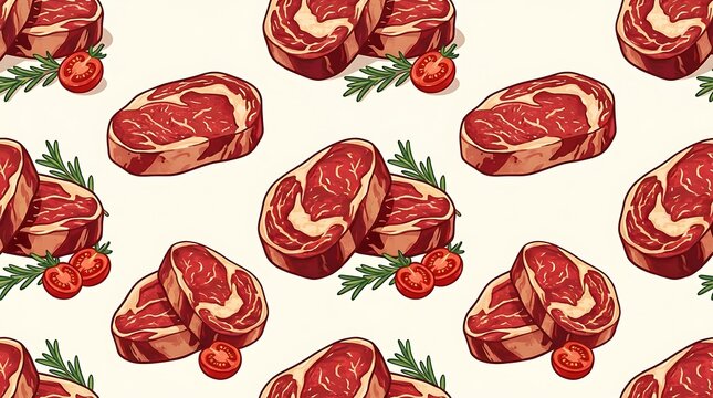 Seamless pattern with raw beef steaks and fresh rosemary herbs and red cherry tomatoes for restaurant menu design
