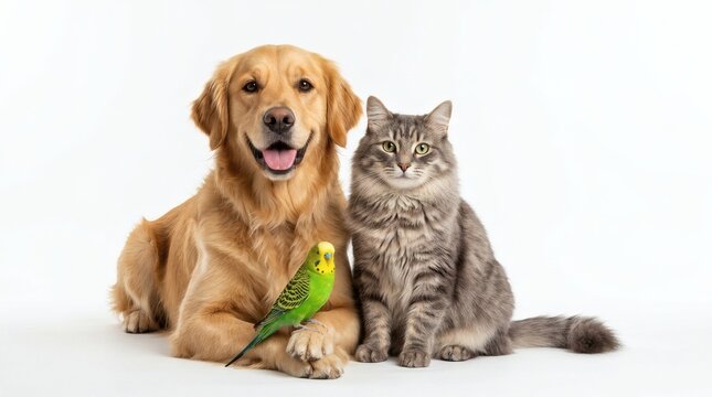 Golden Retriever dog, tabby cat and green parakeet sitting together on white background
